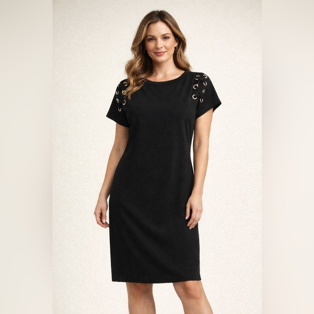Casual Chic Michael Kors Black Eyelet Gold Trim Midi Dress Size Small
